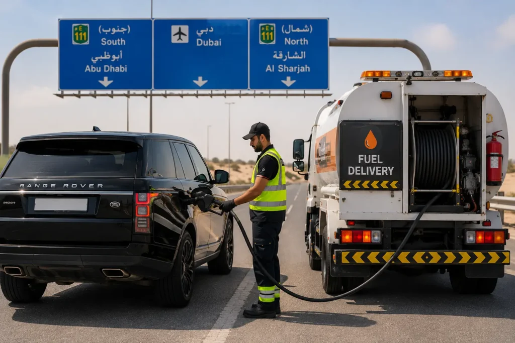 Mobile fuel delivery service in Dubai providing emergency petrol or diesel refuelling for a stranded SUV on a highway with a professional fuel service truck.